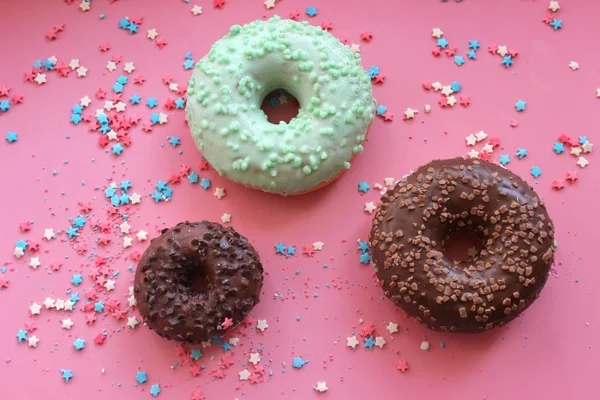 Colorful Donuts Glaze Pink Background Multi Colored Sprinkles Sugar Stars — Stock Photo, Image