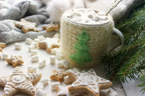 Christmas Composition Mug Hot Chocolate Ginger Biscuits Christmas Cookies Icing — Stock Photo, Image