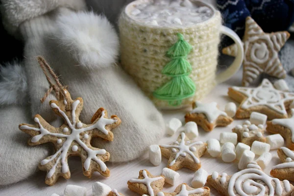 Christmas Composition Mug Hot Chocolate Ginger Biscuits Christmas Cookies Icing — Stock Photo, Image