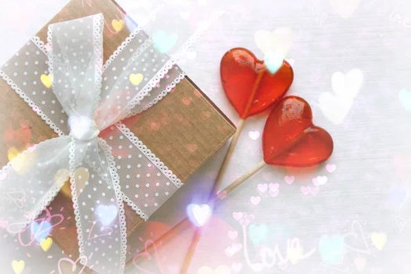 Beautiful Gifts Grey Background Valentine Day Concept Red Heart Brown — Stock Photo, Image