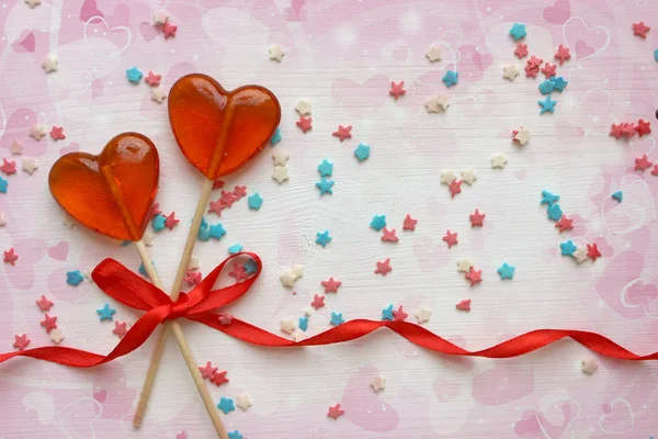 Antecedentes Românticos Dia Dos Namorados Lollipops Forma Coração Perto Fundo — Fotografia de Stock