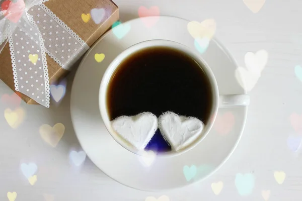 Two hearts in a Cup of coffee. The view from the top. Copy space, can be used as a background, Valentine's day.