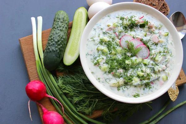 Okroshka seramik bir kase geleneksel bir Rus yaz soğuk çorba. Malzemeler patates, turp, salatalık, dereotu, yumurta, kefir (yoğurt), sosis. Tahta bir masada yazlık yoğurt soğuk çorbası. Seçici odaklama, kopyalama alanı.
