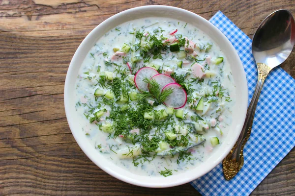 Okroshka Est Une Soupe Froide Traditionnelle Russe Été Dans Bol — Photo