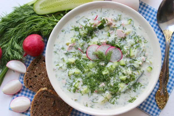 Okroshka Est Une Soupe Froide Traditionnelle Russe Été Dans Bol — Photo