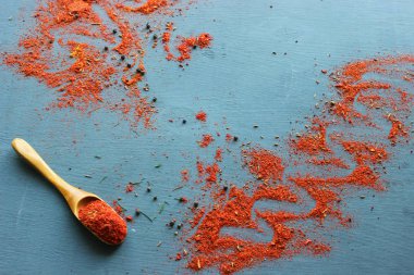 Tahta kaşıktaki baharatlar. Siyah taş masada çeşitli Hint baharatları. Bir kayrak arka plan üzerinde baharat lar ve otlar. Yemek pişirmek için Malzemeler. Kopyalama alanı.