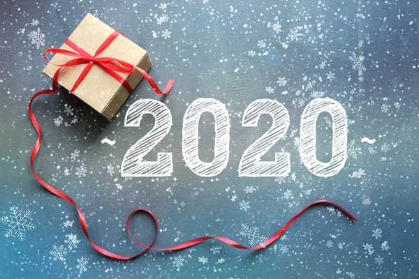2020 Fundo Ano Novo Composição Natal Caixa Presente Com Fita — Fotografia de Stock