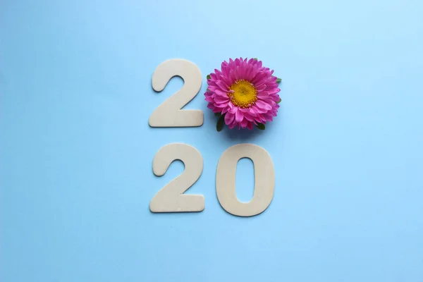 2020. Yaratıcılık, 2020 yılı için yeni bir kavram. Renkli bir arka plan üzerinde ahşap figürler ve çiçekler. Kopyalama alanı.