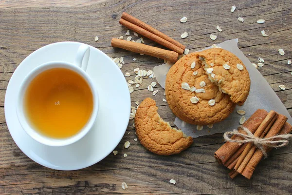 Homemade Oatmeal Cookies Cup Tea Old Wooden Table Rustic Style — Stock Photo, Image