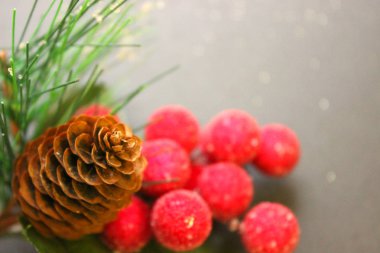 Noel dekorasyonu, köknar konisi ve dal, kırmızı meyveler. Kopya alanı. Yeni yıl tebrik, kartpostal.
