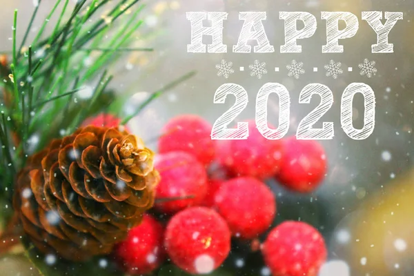2020 Decoração Natal Cone Abeto Ramo Bagas Vermelhas Feliz Ano — Fotografia de Stock