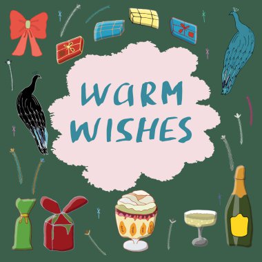 Hediye, içki, tatlı, yay, tavus kuşu resimde kümesi.