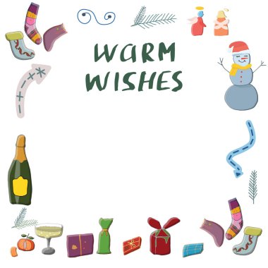 Hediyeler, içki, melekler, kış çorap, kardan adam resimde kümesi.