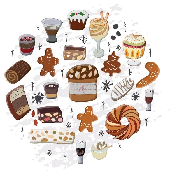 Traditional festive hand drawn desserts. — Stock Vector