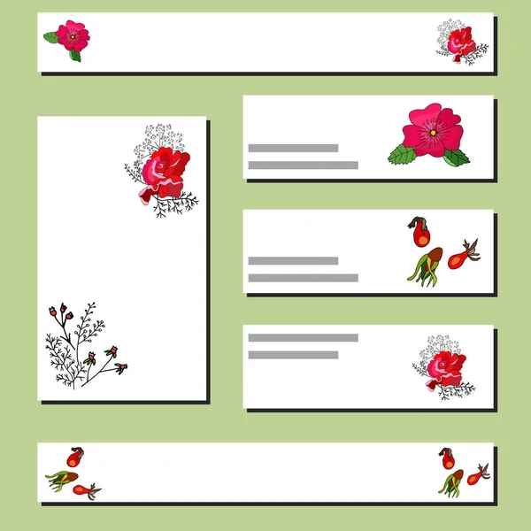 Plantillas de tarjetas florales con rosa roja y rosa mosqueta . — Vector de stock