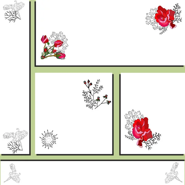 Modelos de cartão floral com rosa vermelha e silhueta de ervilha doce preta . — Vetor de Stock