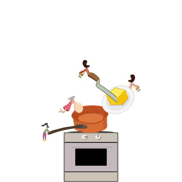 Cooking meal in kitchen by tiny female. — Stock Vector