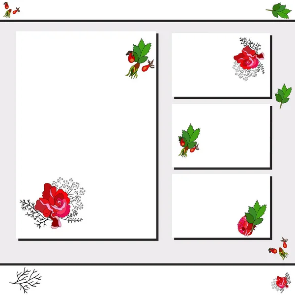 붉은 장미, 로즈와 잎 꽃 카드 템플릿. — 스톡 벡터