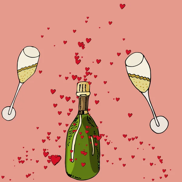 Ρομαντικό κόκκινες καρδιές με δύο ποτήρια εικονογράφηση. — Διανυσματικό Αρχείο
