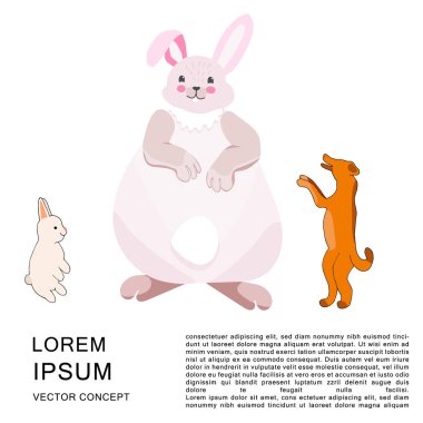 Şişman dev tavşan ile küçük tavşan ve sevimli köpek çizgi film karakteri illüstrasyon. Elle çizilmiş kroki küme. Beyaz arka plan üzerinde metin çerçevesi. 