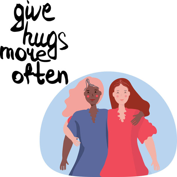 Две подруги обнимаются и улыбаются вместе. Иллюстрация персонажа изолирована на белом фоне. Почерк кистью чернил. Вектор
.