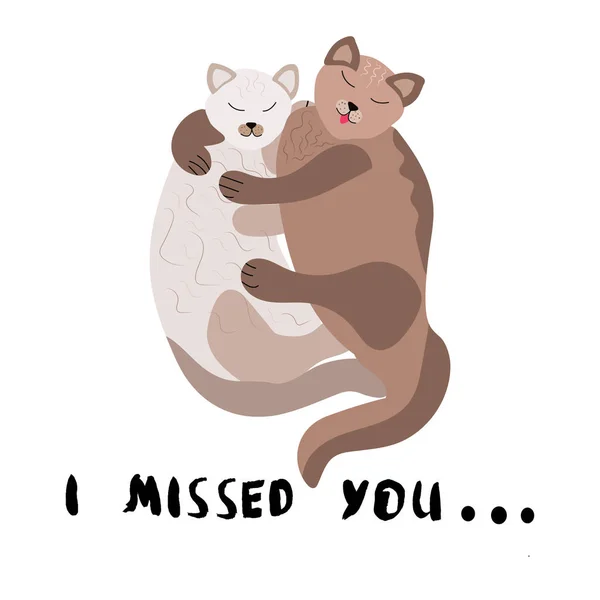 可爱的拥抱猫与文字 我想念你 手写的文字 被隔绝的动画片例证在白色背景 — 图库矢量图片