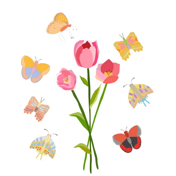 Jarní květinové ilustrace s motýly. — Stockový vektor