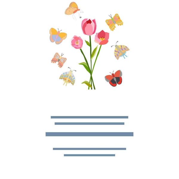 Lente bloemen illustratie met vlinders en tekstframe. — Stockvector
