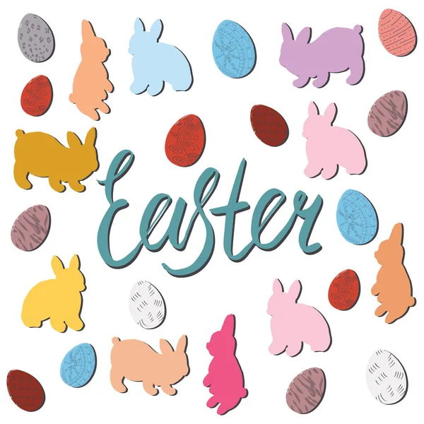 Conejos y huevos de Pascua pintados con letras Pascua . — Vector de stock