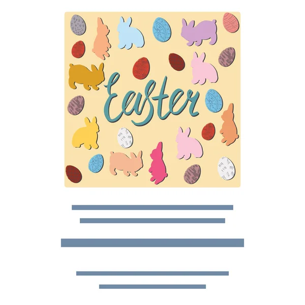 Conejo de Pascua y huevos tarjeta cuadrada con texto . — Vector de stock