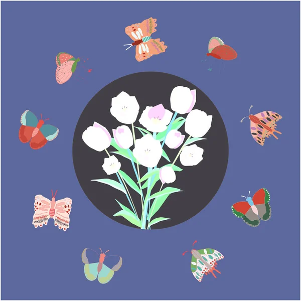 Ronde frame met tulpen en rand van vlinders. — Stockvector
