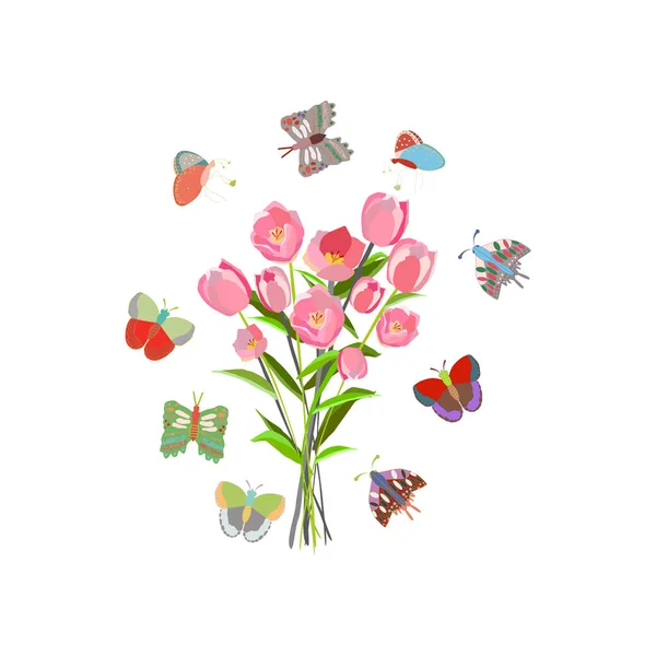 Boeket roze illustratie van de tulpen en vlinders. — Stockvector