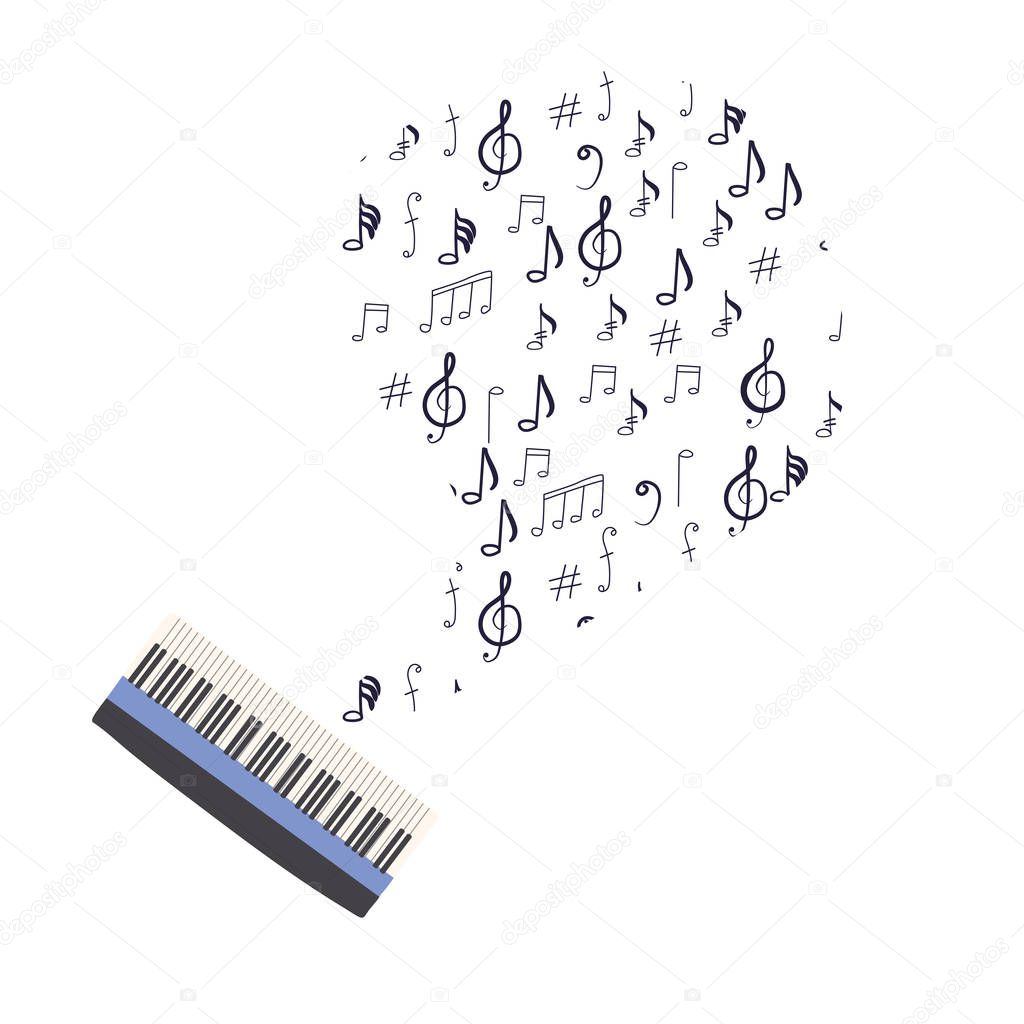 Hand drawn musical keyboard with musical notes.