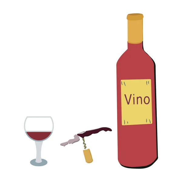 Bouteille de vin, verre de vin et tire-bouchon — Image vectorielle