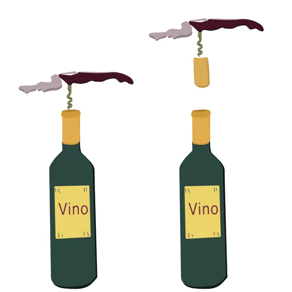 Bouteille de vin avec tire-bouchon ami serveuse — Image vectorielle