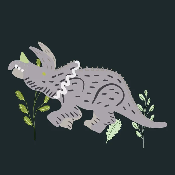 Triceratops ilustración manual sobre fondo negro — Archivo Imágenes Vectoriales