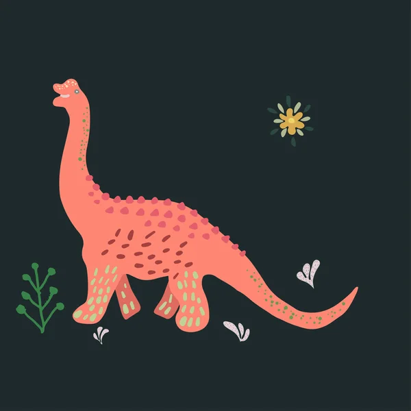 Pink Brachiosaurus cute illustration on black background — Stock Vector