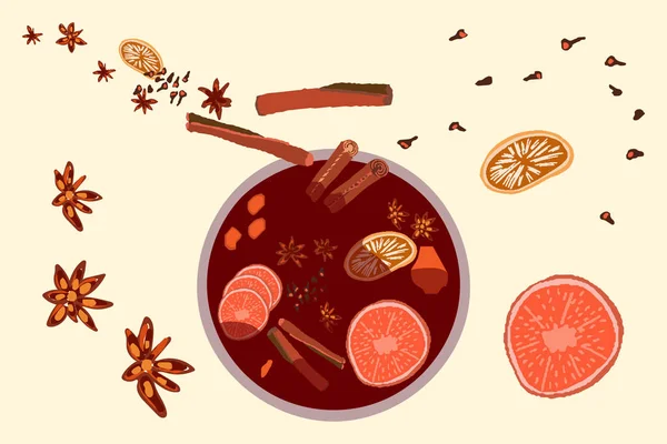 Mulled wine spices thrown into pot — Stock Vector