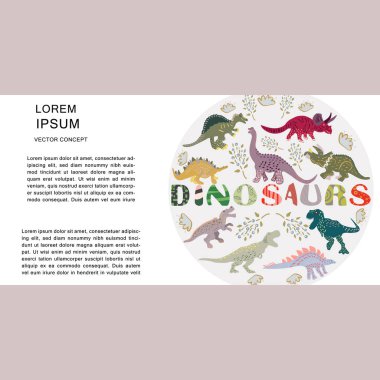 Daire şekli kompozisyonu dinozorlar ve metin ile yatay şablon