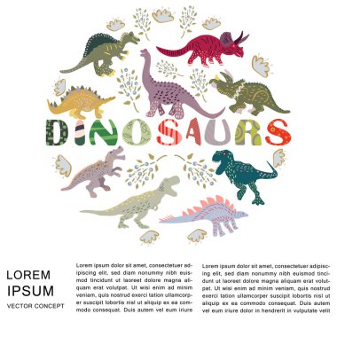 Beyaz arka plan üzerinde dinozorlar ile daire şekli. El harfleri dinozorlar