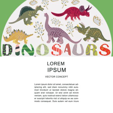 El yazısı ve metin ile renkli dinozorlar düz kompozisyon