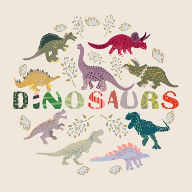 El çizilmiş dinozor karakterleri ile el yazısı kelime dinozorlar