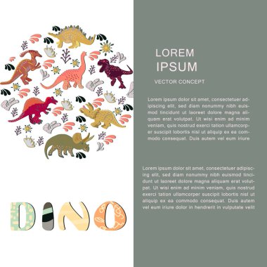 Dinozorlar daire düz stil kompozisyon şekli ile dikey şablon. El yazısı dino.