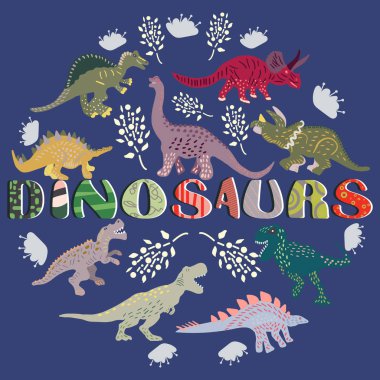 Mavi arka plan üzerinde yuvarlak şekilli el çizilmiş dinozor karakterleri.