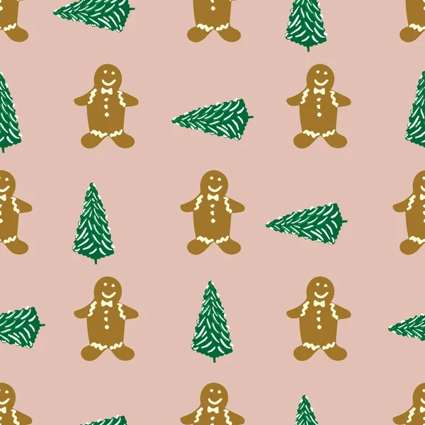 Gingerbread man and christmas tree seamless pattern on pink background — Stock Vector