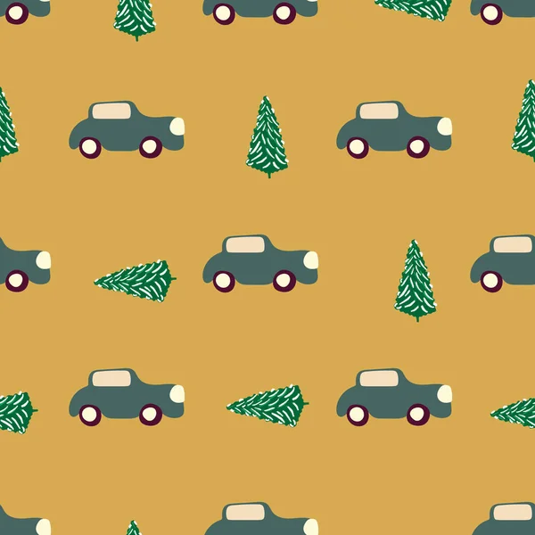 圣诞树和灰色汽车无缝模式在芥末背景 — 图库矢量图片