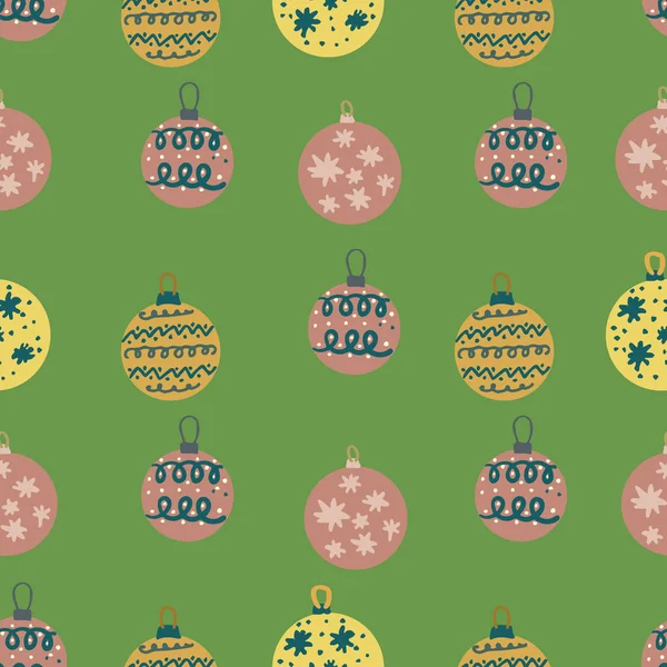 Weihnachten bemalte Kugeln nahtloses Muster auf pistaziengrünem Hintergrund — Stockvektor