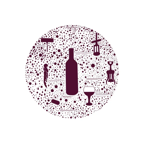Tire-bouchons à silhouette noire et bouteille de vin avec verre à vin en r — Image vectorielle