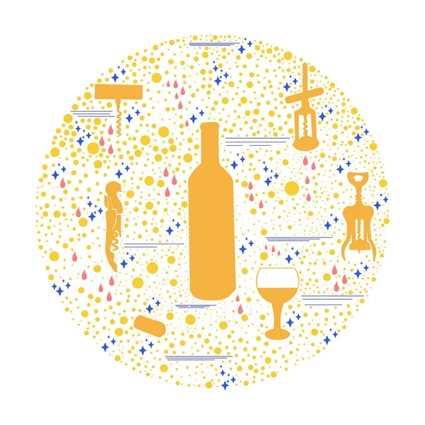 Tire-bouchons à silhouette dorée et bouteille de vin avec verre à vin en forme ronde — Image vectorielle
