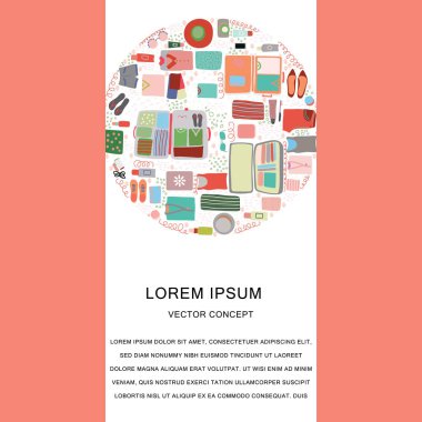 Düz döşeme giysileri ile yuvarlak şekilli dikey şablon, üst görünüm paketlenmiş bavul